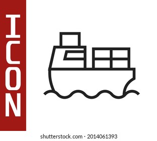 Cargo de línea negra con icono de servicio de entrega de cajas aislado en fondo blanco. Entrega, transporte. Freighter con paquetes, cajas, mercancías.  Vector