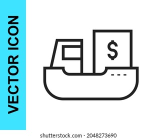 Cargo de línea negra con icono de servicio de entrega de cajas aislado en fondo blanco. Entrega, transporte. Freighter con paquetes, cajas, mercancías.  Vector