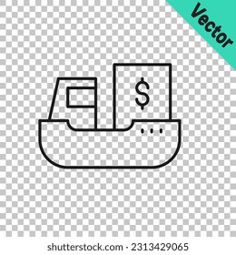 Black line Cargo ship with boxes delivery service icon isolated on transparent background. Delivery, transportation. Freighter with parcels, boxes, goods.  Vector