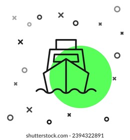 Black line Cargo ship with boxes delivery service icon isolated on white background. Delivery, transportation. Freighter with parcels, boxes, goods.  Vector