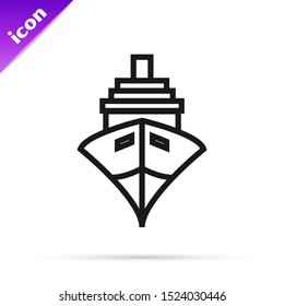 Black line Cargo ship icon isolated on white background.  Vector Illustration