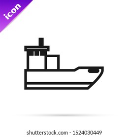 Black line Cargo ship icon isolated on white background.  Vector Illustration