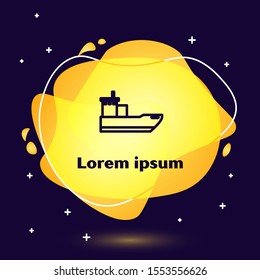 Black line Cargo ship icon isolated on dark blue background. Abstract banner with liquid shapes. Vector Illustration