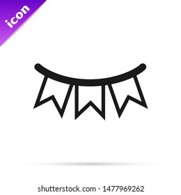 Black line Carnival garland with flags icon isolated on white background. Party pennants for birthday celebration, festival and fair decoration.  Vector Illustration