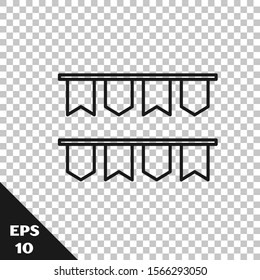Black line Carnival garland with flags icon isolated on transparent background. Party pennants for birthday celebration, festival and fair decoration.  Vector Illustration