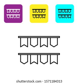Black line Carnival garland with flags icon isolated on white background. Party pennants for birthday celebration, festival and fair decoration. Set icons colorful square buttons. Vector Illustration