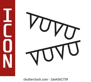 Black line Carnival garland with flags icon isolated on white background. Party pennants for birthday celebration, festival decoration.  Vector Illustration
