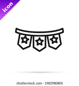 Black line Carnival garland with flags icon isolated on white background. Party pennants for birthday celebration, festival decoration.  Vector