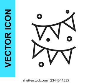 Black line Carnival garland with flags icon isolated on white background. Party pennants for birthday celebration, festival and fair decoration.  Vector