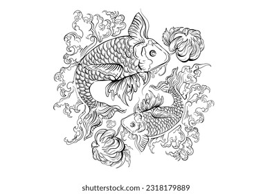 Black Line Carp fish vector tattoo , Hand draw illustration Tattoo art design Theme Fish carp japan style