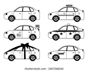 Black line cars icon set. Transport collection outline vector illustration isolated on white