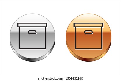 Black line Carton cardboard box icon isolated on white background. Box, package, parcel sign. Delivery and packaging. Transportation and shipping. Silver-gold circle button. Vector Illustration