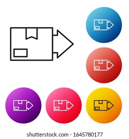 Black line Carton cardboard box icon isolated on white background. Box, package, parcel sign. Delivery and packaging. Set icons colorful circle buttons. Vector Illustration