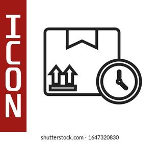 Black line Carton cardboard box and fast time delivery icon isolated on white background. Box, package, parcel sign. Delivery and packaging.  Vector Illustration