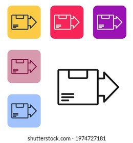 Black line Carton cardboard box icon isolated on white background. Box, package, parcel sign. Delivery and packaging. Icon set on color square buttons. Vector Illustration