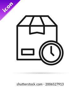 Black line Carton cardboard box and fast time delivery icon isolated on white background. Box, package, parcel sign. Delivery and packaging.  Vector