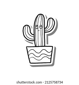 Black line Cartoon Cactus with face on white silhouette and gray shadow. Hand drawn cartoon style. Vector illustration for decorate, coloring and any design.