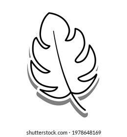Black line cartoon jagged leaf on white silhouette and gray shadow. Icon Emoji for decoration or any design. Vector illustration of nature.