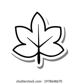 Black line cartoon maple leaf on white silhouette and gray shadow. Icon Emoji for decoration or any design. Vector illustration of nature.