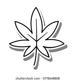 Black line cartoon maple leaf on white silhouette and gray shadow. Icon Emoji for decoration or any design. Vector illustration of nature.