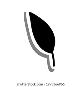 Black line cartoon simple leaf on white silhouette and gray shadow. Icon Emoji for decoration or any design. Vector illustration of nature.