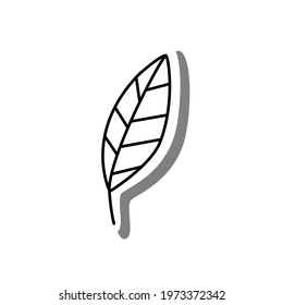 Black line cartoon simple leaf on white silhouette and gray shadow. Icon Emoji for decoration or any design. Vector illustration of nature.