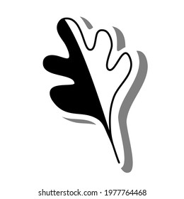 Black line cartoon simple leaf on white silhouette and gray shadow. Icon Emoji for decoration or any design. Vector illustration of nature.