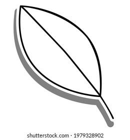 Black line cartoon simple leaf on white silhouette and gray shadow. Icon Emoji for decoration or any design. Vector illustration of nature.