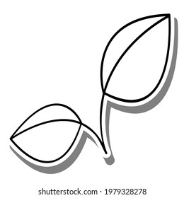 Caricatura de la línea negra de dos hojas simples sobre la silueta blanca y la sombra gris. Icon Emoji para decoración o diseño. Ilustración vectorial de la naturaleza.