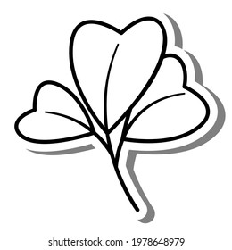 Black line cartoon three leaves heart shape on white silhouette and gray shadow. Icon Emoji for decoration or any design. Vector illustration of nature.