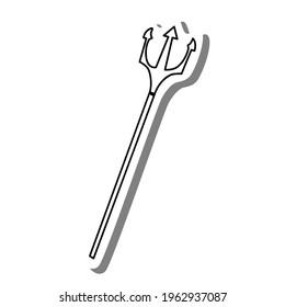 Black line cartoon Trident on white silhouette and gray shadow. Icon Emoji for decoration or any design. Vector illustration of Halloween day.
