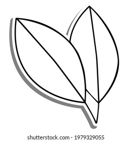 Black line cartoon two simple leaf on white silhouette and gray shadow. Icon Emoji for decoration or any design. Vector illustration of nature.