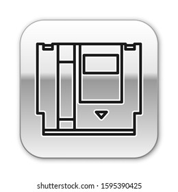 Black line Cartridge for retro game console icon isolated on white background. TV Game cartridge. Silver square button. Vector Illustration