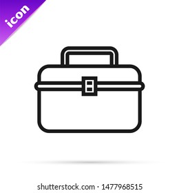 Black line Case or box container for wobbler and gear fishing equipment icon isolated on white background. Fishing tackle.  Vector Illustration
