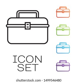 Black line Case or box container for wobbler and gear fishing equipment icon isolated on white background. Fishing tackle. Set icons colorful. Vector Illustration