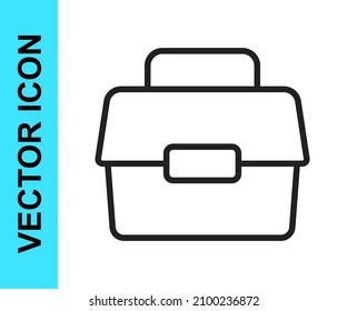 Black line Case or box container for wobbler and gear fishing equipment icon isolated on white background. Fishing tackle.  Vector