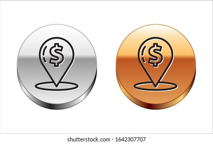 Black line Cash location pin icon isolated on white background. Pointer and dollar symbol. Money location. Business and investment concept. Silver-gold circle button. Vector Illustration