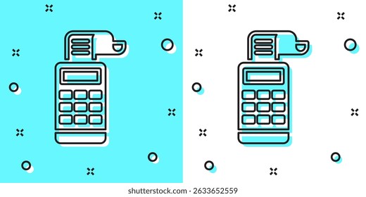 Kassenautomat mit schwarzer Linie und einem Schecksymbol einzeln auf grünem und weißem Hintergrund. Kassenzeichen. Cashbox-Symbol. Zufällige dynamische Formen. Vektorgrafik
