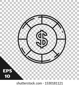 Black line Casino chip with dollar symbol icon isolated on transparent background. Casino gambling.  Vector Illustration