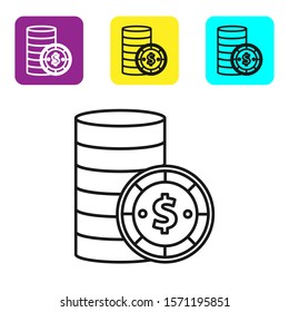 Black line Casino chip with dollar symbol icon isolated on white background. Casino gambling. Set icons colorful square buttons. Vector Illustration