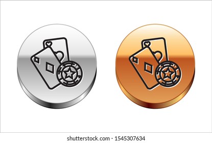 Black line Casino chip and playing cards icon isolated on white background. Casino poker. Silver-gold circle button. Vector Illustration