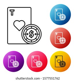 Black line Casino chip and playing cards icon isolated on white background. Casino poker. Set icons colorful circle buttons. Vector Illustration