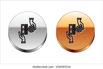 Black line Casino chips exchange on stacks of dollars icon isolated on white background. Silver-gold circle button. Vector Illustration