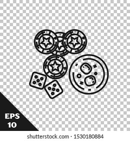 Black line Casino chips, game dice and glass of whiskey with ice cubes icon isolated on transparent background. Casino poker.  Vector Illustration