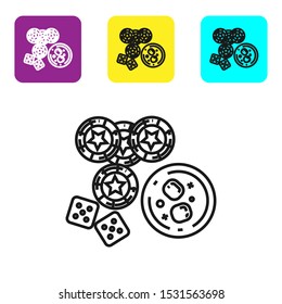 Black line Casino chips, game dice and glass of whiskey with ice cubes icon isolated on white background. Casino poker. Set icons colorful square buttons. Vector Illustration