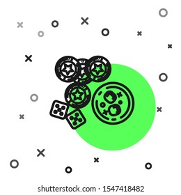 Black line Casino chips, game dice and glass of whiskey with ice cubes icon isolated on white background. Casino poker.  Vector Illustration