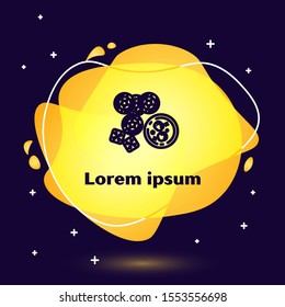 Black line Casino chips, game dice and glass of whiskey with ice cubes icon isolated on dark blue background. Casino poker. Abstract banner with liquid shapes. Vector Illustration