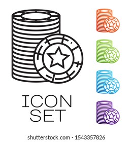Black line Casino chips icon isolated on white background. Casino gambling. Set icons colorful. Vector Illustration