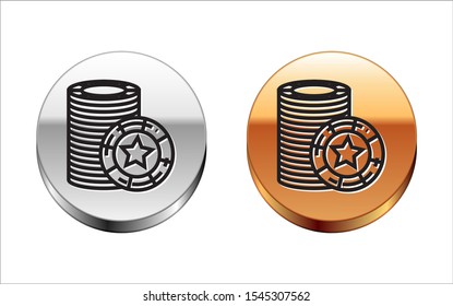 Black line Casino chips icon isolated on white background. Casino gambling. Silver-gold circle button. Vector Illustration
