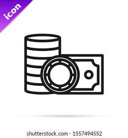 Black line Casino chips and stacks paper money cash icon isolated on white background. Casino gambling.  Vector Illustration